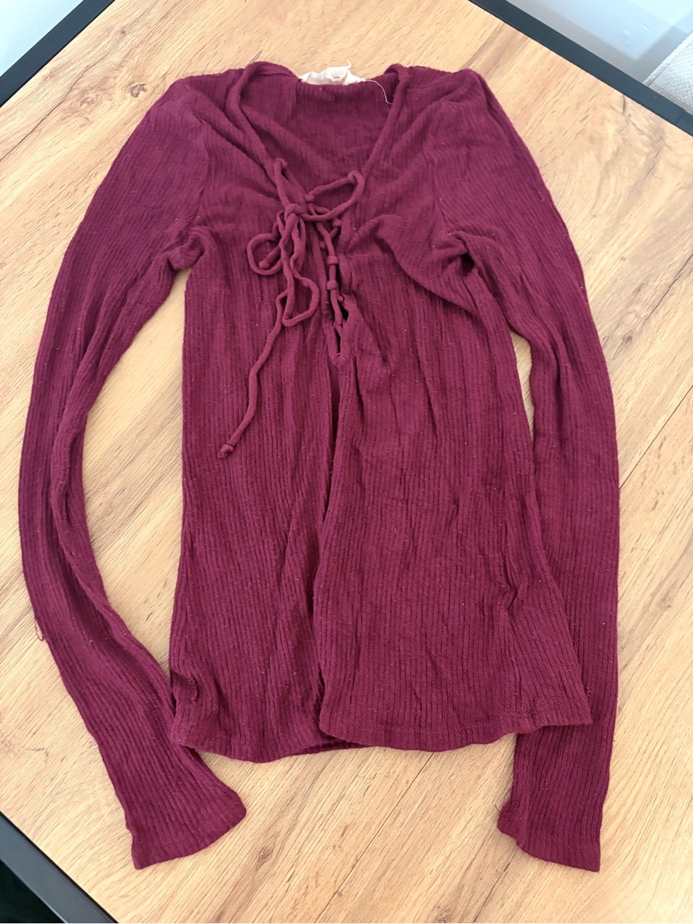 Urban Outfitters Project Social T Lace-Up Ribbed Long Sleeve Top - Wine